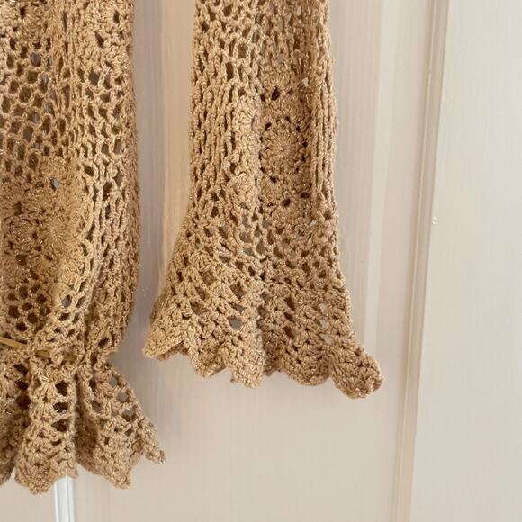 Y2K Boho Crochet Open Knit Top Beaded Floral Beige Hippie Festival Fairy L - Picture 4 of 9